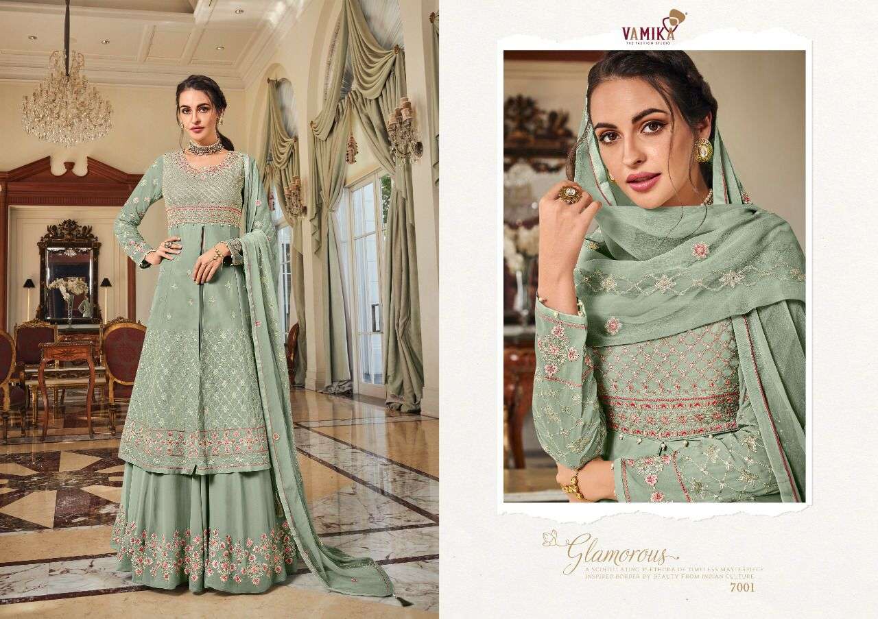 Vamika- Riyaaz - Georgette Heavy Embroidery With Handwork Kurti With Pant And Georgette Dupatta-7001